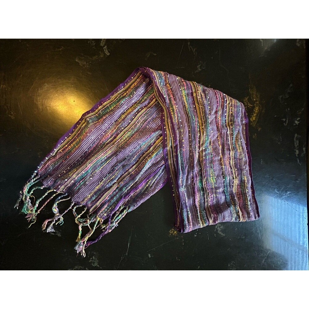 60” Scarf Women's Purple With Multicolor Striped Weave Neck Wrap Muffler Fringed